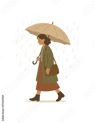 woman walking under umbrella soft drizzle mindful rainy day no outline flat vector illustration style isolated on white background muted natural hues