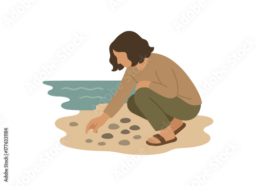picking up small stones mindful tactile ocean therapy practice no outline flat vector illustration style isolated on white background calm natural tones