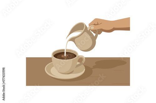pouring milk into coffee morning calm moment reflection no outline flat vector illustration style isolated on white background neutral tones