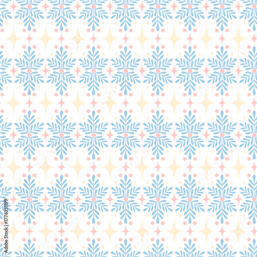 Winter Christmas folk art ornament. Vector seamless pattern with branches tree and stars. Blue pink background. Scandinavian collection. Fabric textile print