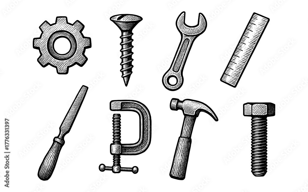 Fototapeta premium Hand-drawn vintage engraving style tools set with hammer, gear, and screw