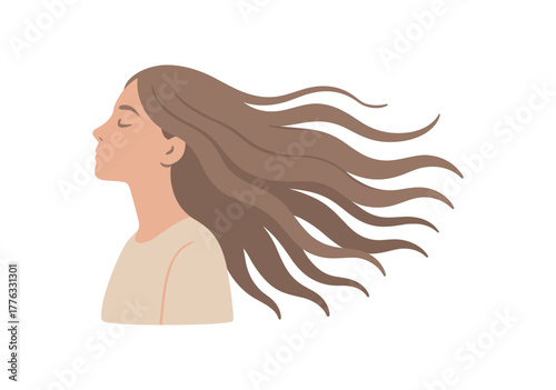 long hair flowing wind symbol of freedom and natural rhythm no outline flat vector illustration style isolated on white background muted light palette
