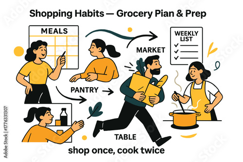 Effortless Meal Planning. Shopping Habits ? Grocery Plan & Prep. A minimal meal grid links to a weekly list; arrows flow from pantry > market > table. Caption