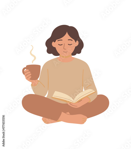 person sitting cross legged with tea and book early calm time no outline flat vector illustration style isolated on white background soft tones