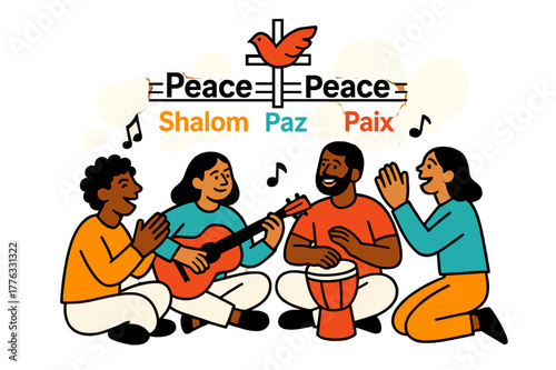Harmony Through Music. Cultural Exchange & Music. A circle of people clap and sing with guitar and hand drum; lyric lines read ?Peace, Peace? in shared
