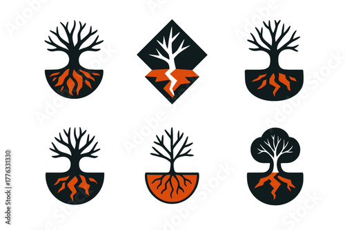 Hellscape Tree Logos. blackened trees in hellscape. Set Logo of blackened trees in hellscape: Roots straddling lava fissure. Icon set. harmonious