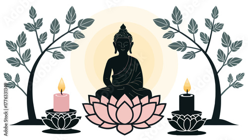 Silhouette of buddha on lotus flower with candles and trees creating a serene and peaceful scene