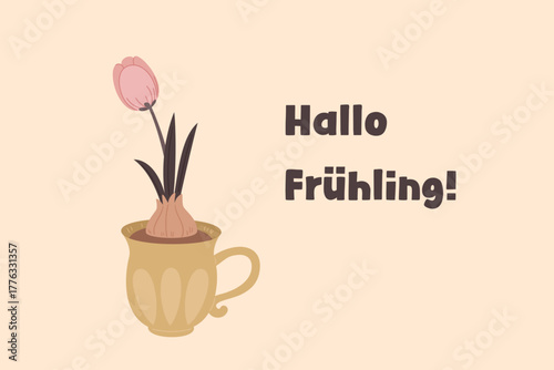 Hello spring german greeting with flower in cup, cute floral illustration for spring season design