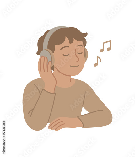 calm music listening headphones morning relaxation mood no outline flat vector illustration style isolated on white background soft muted tones