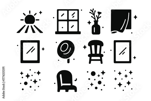 Golden Hour Icons. Golden Hour Window Light. Solid icons set of Golden Hour Window Light: low sun, warm rays, long shadows, window frame, dried flowers, amber