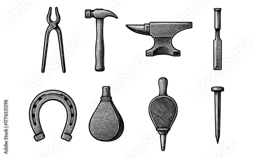 Vintage blacksmith tool collection in engraved style