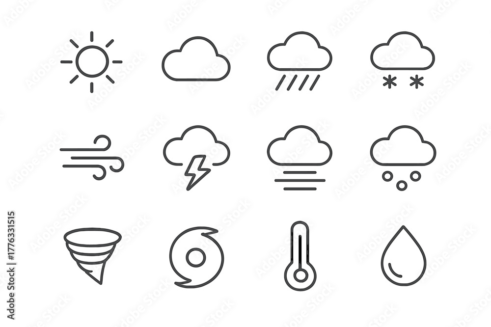 Naklejka premium Weather Icons Grid. Weather. Line icon set of Weather: sun, cloud, rain, snow, wind, storm, fog, hail, tornado, hurricane, temperature, humidity. All outline
