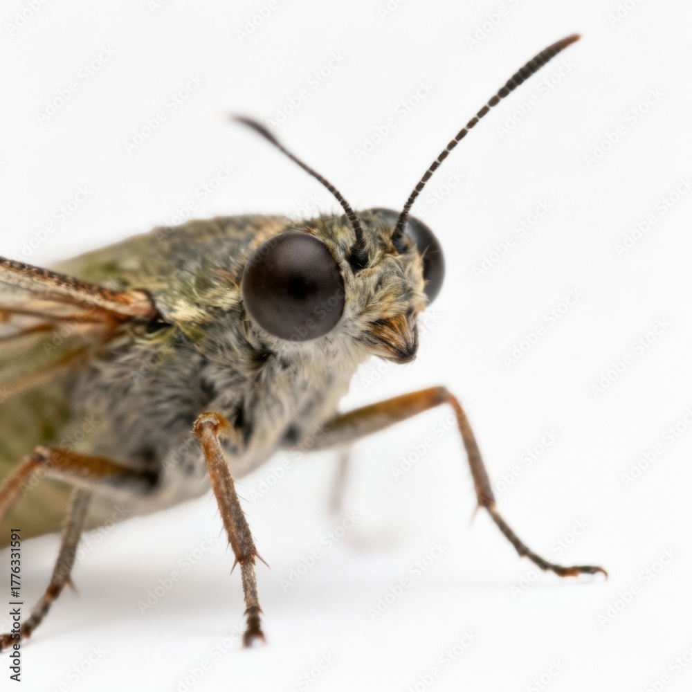 Fototapeta premium Macro close-up of a skipper butterfly on a white background, detailed view of large compound eyes, antennae and furry body, insect macro photography, entomology science concept, minimalistic compositi