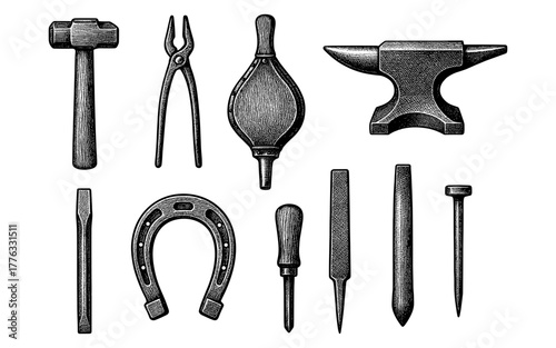 Vintage blacksmith tools collection featuring anvil, hammer, and horseshoe in engraved style
