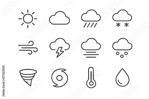 Weather Icons Grid. Weather. Line icon set of Weather: sun, cloud, rain, snow, wind, storm, fog, hail, tornado, hurricane, temperature, humidity. All outline