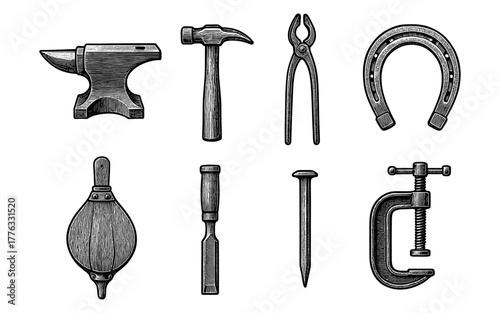 Traditional blacksmith tools set: detailed vintage engravings of hammer, anvil and more