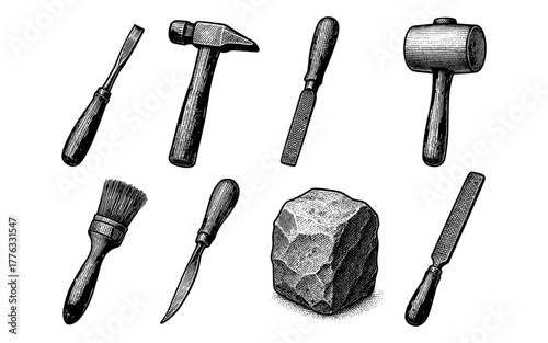 Engraved tools for wood and stone carving: classic artisan collection