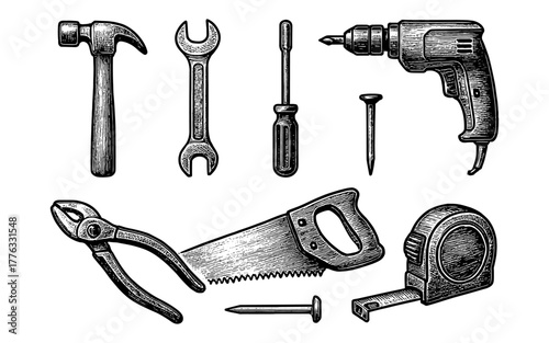Vintage hand-drawn tool collection featuring hammer, saw, drill, and more