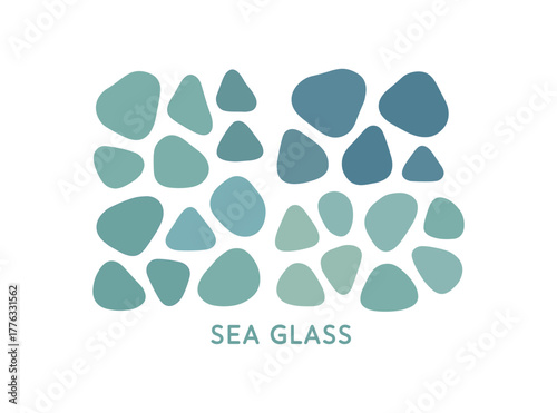 sea glass pieces organized by color coastal calm theme no outline flat vector illustration style isolated on white background muted blue green hues