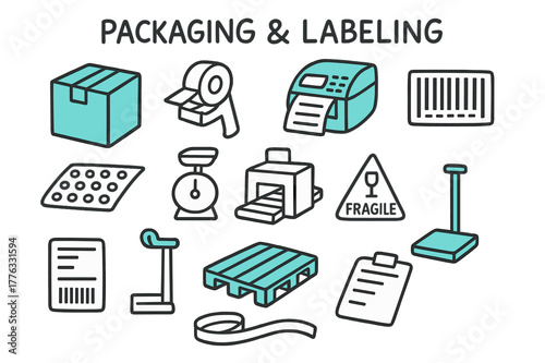 Packaging Doodle Icons. // Packaging & labeling. Hand-drawn doodle illustration Packaging & labeling [carton box (accented), tape dispenser, label printer