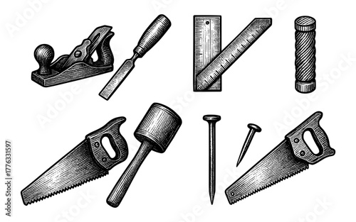 Vintage engraving of hand tools for carpentry and woodworking projects