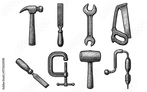 Vintage hand drawn tools set: hammer, wrench, saw, drill, mallet, clamp, chisel