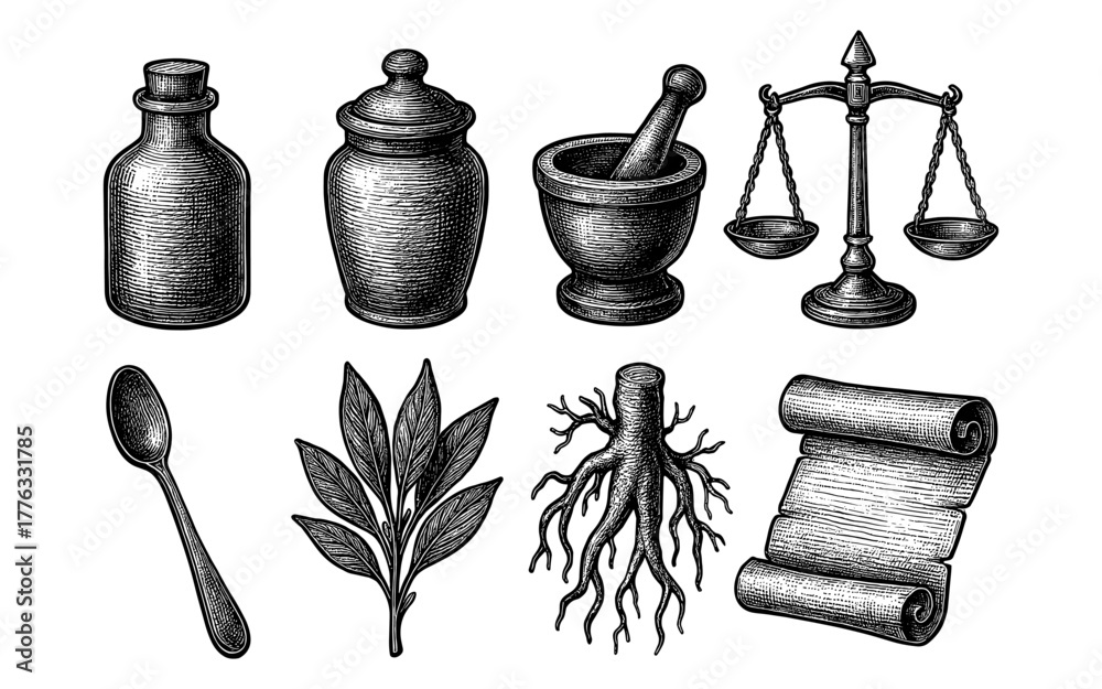 Obraz premium Vintage apothecary elements with scales, herbs, and scrolls in detailed etching style