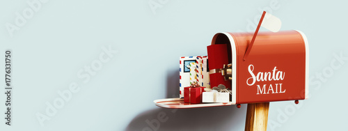 Santa's mailbox on blue background with copy space. Red mailbox with letters and Christmas gifts. 3D Rendering, 3D Illustration	