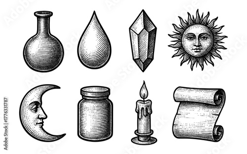 Vintage alchemy icons featuring sun, moon, candle, and potion bottles in engraved style