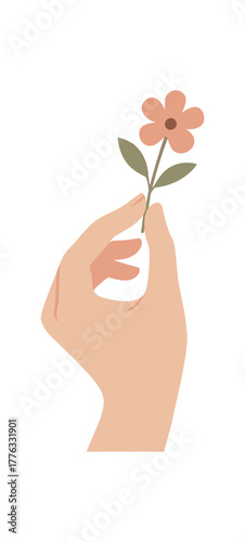 feminine hand holding small flower symbol of gratitude and tenderness no outline flat vector illustration style isolated on white background soft neutral colors