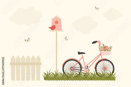 Spring bicycle with flower basket and birdhouse vector illustration, cute outdoor garden scene with butterflies and clouds