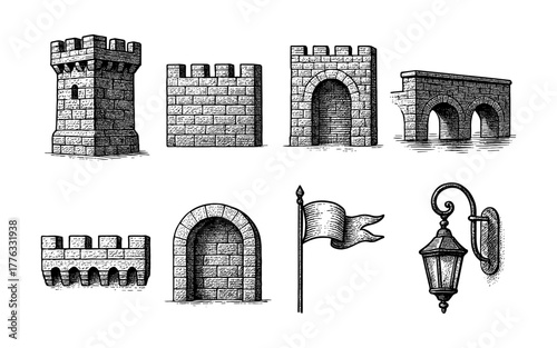 Vintage fortress elements: castle walls, tower, archway, lantern, and flag