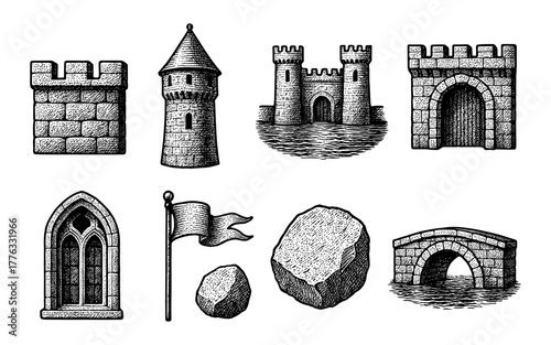 Medieval architecture elements: castles, towers, and bridges in vintage style