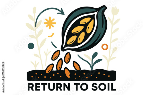 Seed's Journey Home. Seeds ? Harvest Memory. Open pod spills mature seeds onto the earth; ghosted outlines hint at past growth above. Text ?return to soil?.