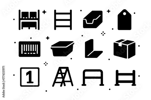 Warehouse Icons Grid. Warehouse shelving systems. Solid icons set of Warehouse shelving systems: pallet rack, shelf bay, bin box, label tag, barcode sticker,