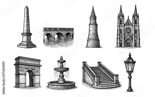 Timeless architectural icons in detailed vintage drawing style