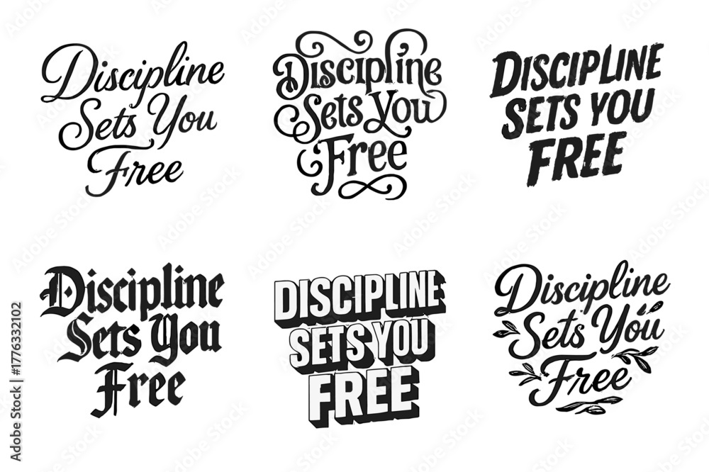 Obraz premium Discipline Lettering Variations. Discipline Sets You Free. Set lettering. harmonious lettering variations of the same emblematic concept, each with different