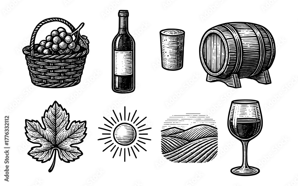 Fototapeta premium Rustic wine icons: grapes, bottles, and barrels in vintage style