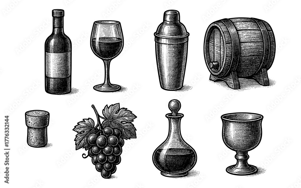 Fototapeta premium Vintage wine and accessories set with classic engraving style