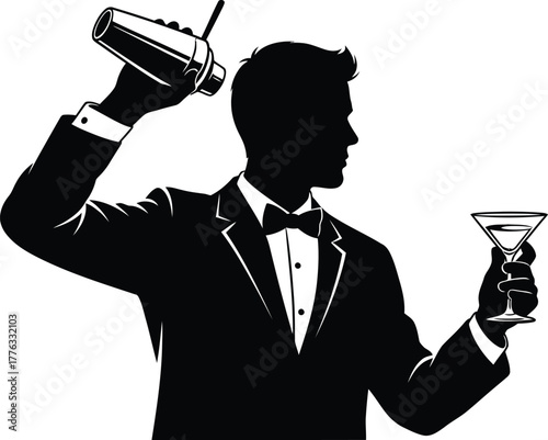 Silhouette of bartender in tuxedo making cocktail with shaker and glass