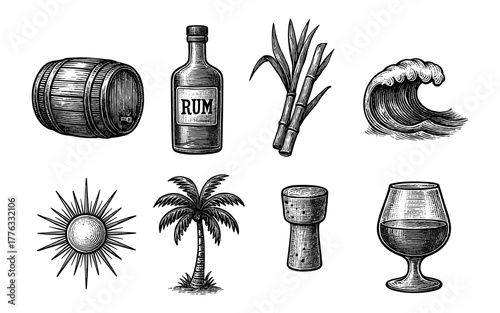 Vintage rum collection with barrel, bottle, cane, and ocean wave in engraving style