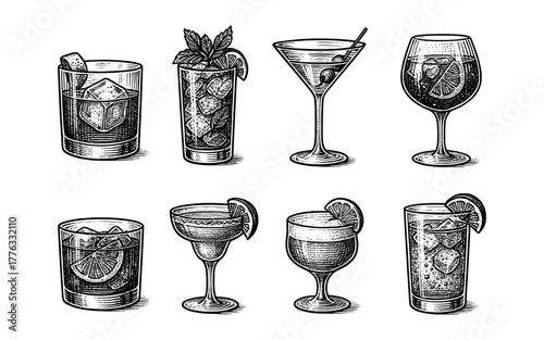 Hand drawn vintage cocktails with garnishes and glass varieties