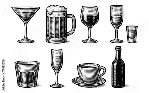 Vintage collection of engraved drinkware including beer, wine, and coffee