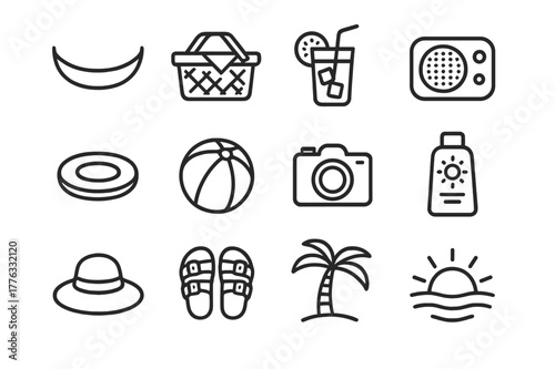 Summer Leisure Icons. Summer Leisure. Line icon set of Summer Leisure: hammock, picnic basket, iced tea glass, portable speaker, frisbee, beach ball, camera,