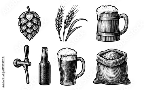 Vintage beer crafting icons with hop, mug, and grain illustrations
