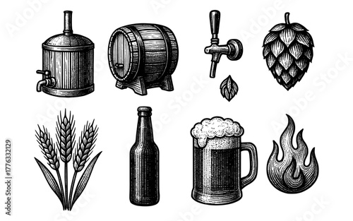 Vintage brewery elements: rustic beer icons featuring barrels, hops, and wheat