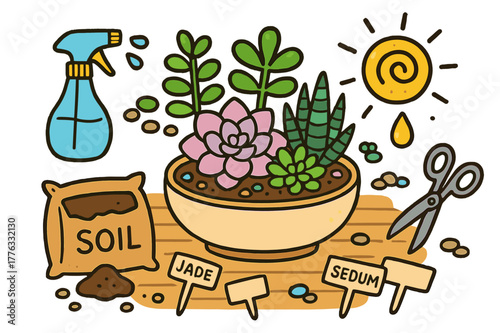 Colorful Succulent Doodle. Succulent arrangement. Colorful Hand-drawn doodle Children illustration Succulent arrangement echeveria rosette, jade plant, zebra