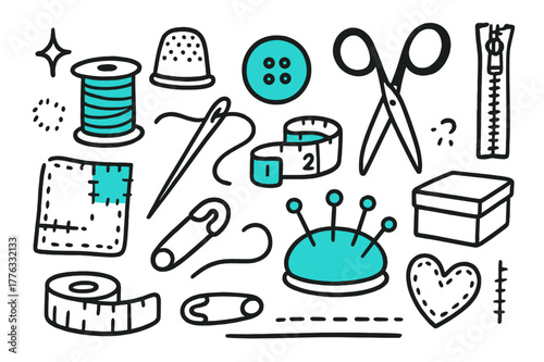 Colorful Sewing Essentials. // Sewing kit. Hand-drawn doodle illustration Sewing kit [needle (accented), thread spool (accented), thimble, button (accented),