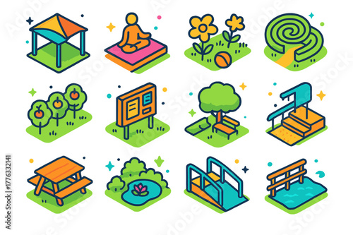 Public Space Icons. Public spaces for wellbeing. Colorful isometric vector icons set of Public spaces for wellbeing: shade pavilion, yoga deck, play meadow,