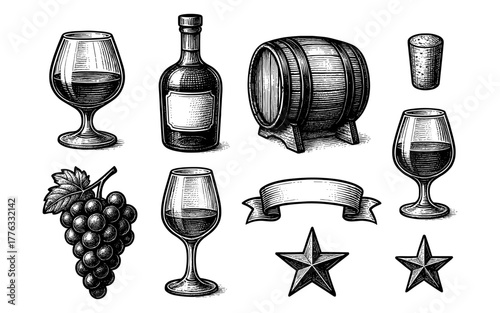 Vintage wine elements with glasses, bottle, barrel, grapes, and banner in engraved style